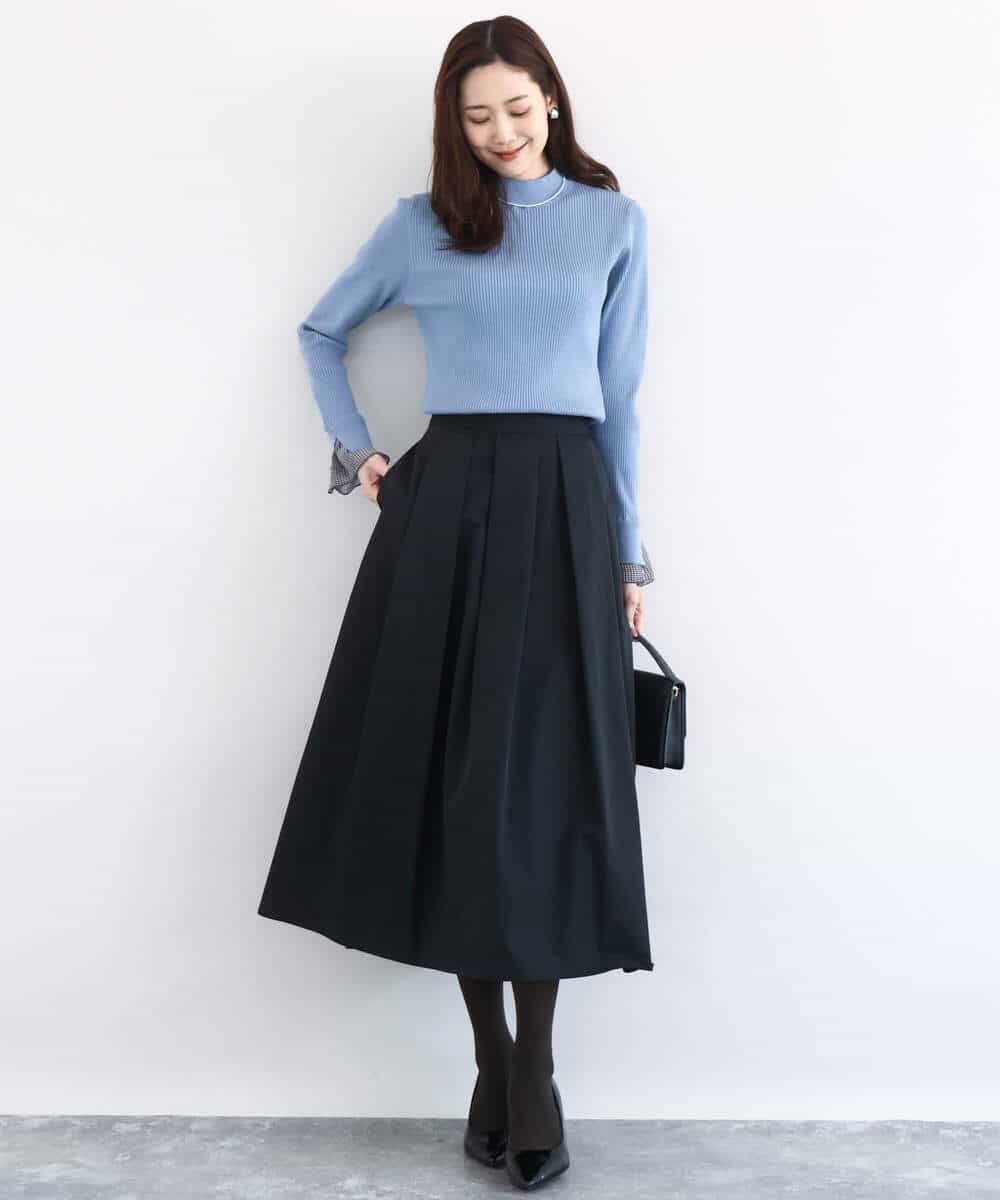 FKFDD64130 MK MICHEL KLEIN(MK ミッシェルクラン) 千鳥格子柄シフォンレイヤード風ハイゲージニット/洗える ブルー