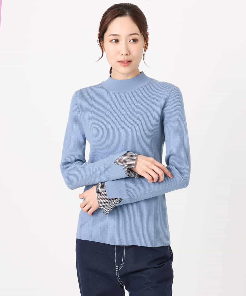 FKFDD64130 MK MICHEL KLEIN(MK ミッシェルクラン) 千鳥格子柄シフォンレイヤード風ハイゲージニット/洗える ブルー