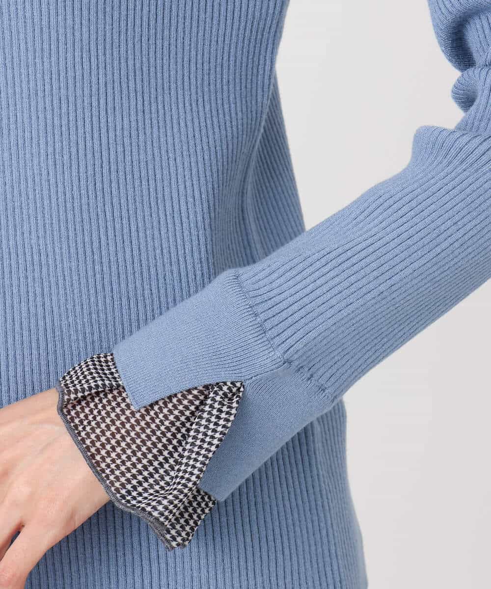 FKFDD64130 MK MICHEL KLEIN(MK ミッシェルクラン) 千鳥格子柄シフォンレイヤード風ハイゲージニット/洗える ブルー