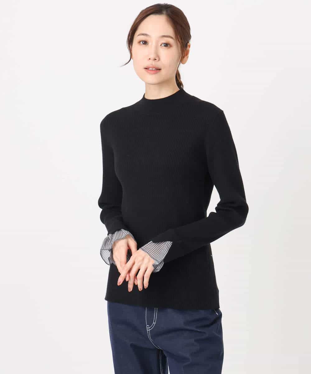 FKFDD64130 MK MICHEL KLEIN(MK ミッシェルクラン) 千鳥格子柄シフォンレイヤード風ハイゲージニット/洗える ブルー