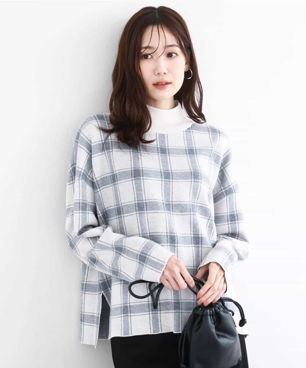 FKFDD67150 MK MICHEL KLEIN(MK ミッシェルクラン) チェック柄ニットプルオーバー/洗える ネイビー