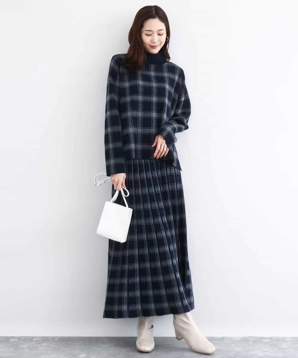 FKFDD67150 MK MICHEL KLEIN(MK ミッシェルクラン) チェック柄ニットプルオーバー/洗える ネイビー