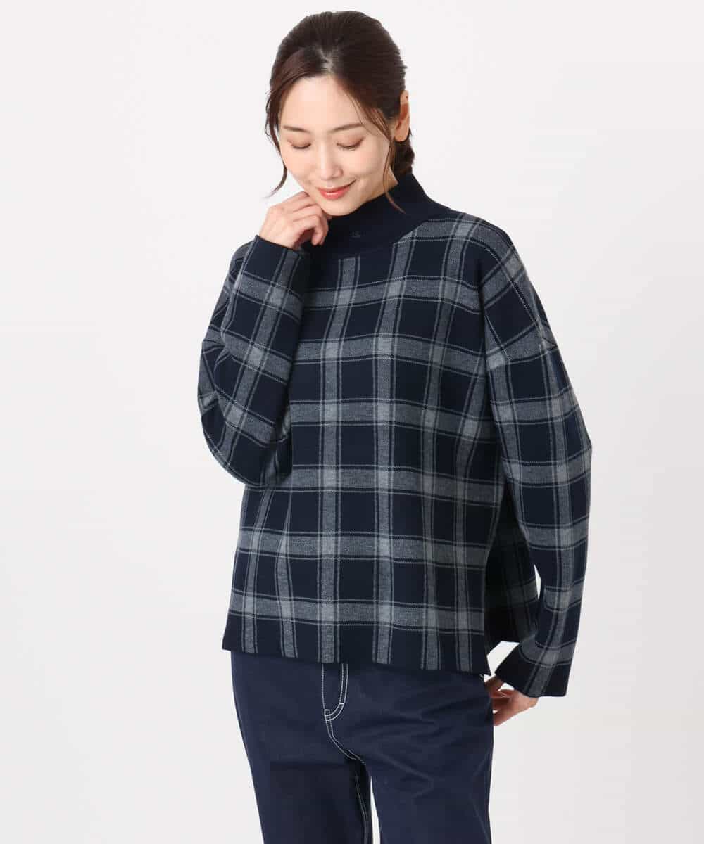 FKFDD67150 MK MICHEL KLEIN(MK ミッシェルクラン) チェック柄ニットプルオーバー/洗える ネイビー