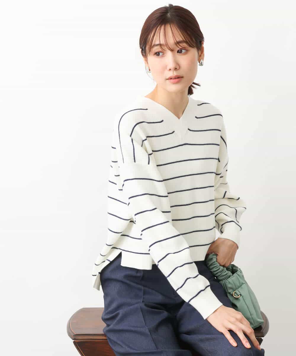 FKFFV15130 MK MICHEL KLEIN(MK ミッシェルクラン) ショート丈Vネックニット/洗える ミントブルー
