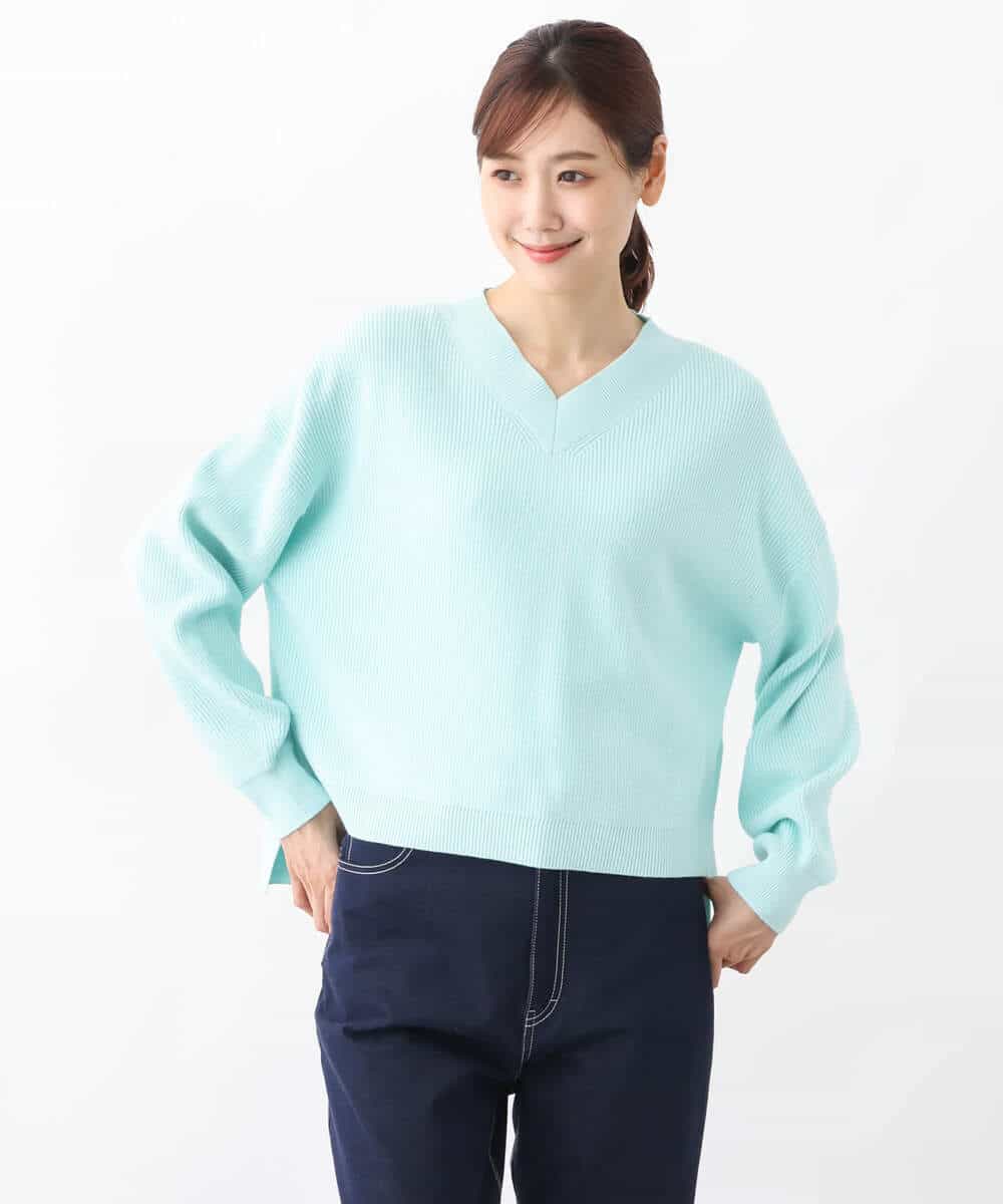 FKFFV15130 MK MICHEL KLEIN(MK ミッシェルクラン) ショート丈Vネックニット/洗える ミントブルー