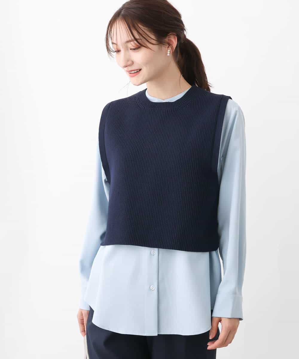 FKFFV23175 MK MICHEL KLEIN(MK ミッシェルクラン) ニットベスト×シャツブラウス ツインセット/洗える ネイビー