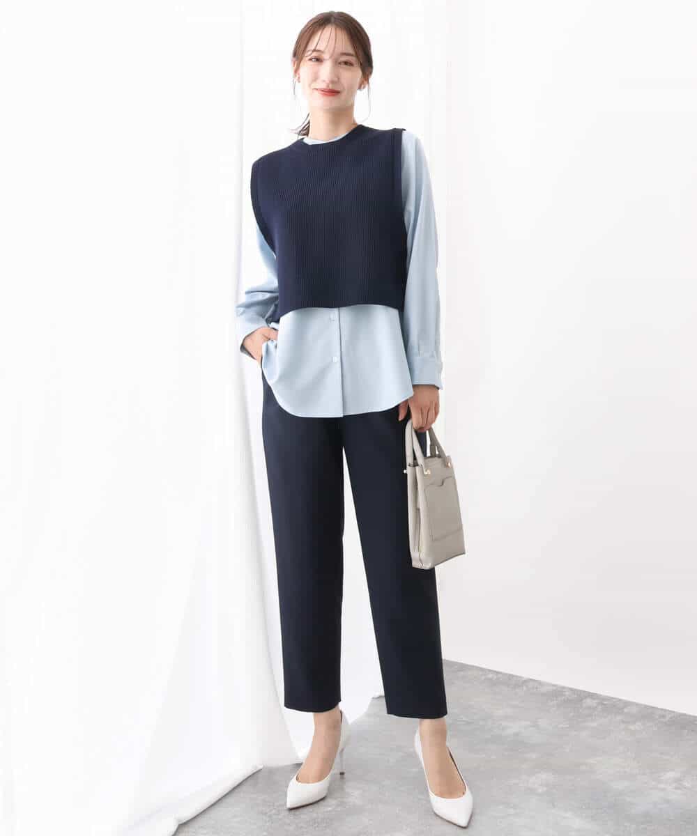 FKFFV23175 MK MICHEL KLEIN(MK ミッシェルクラン) ニットベスト×シャツブラウス ツインセット/洗える ネイビー