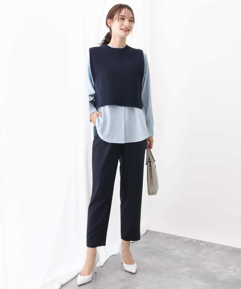 FKFFV23175 MK MICHEL KLEIN(MK ミッシェルクラン) ニットベスト×シャツブラウス ツインセット/洗える ネイビー