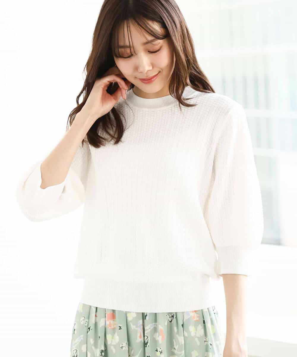 FKFGA40130 MK MICHEL KLEIN(MK ミッシェルクラン) ボーダー配色ボリュームスリーブニット/UVカット/洗える ネイビー