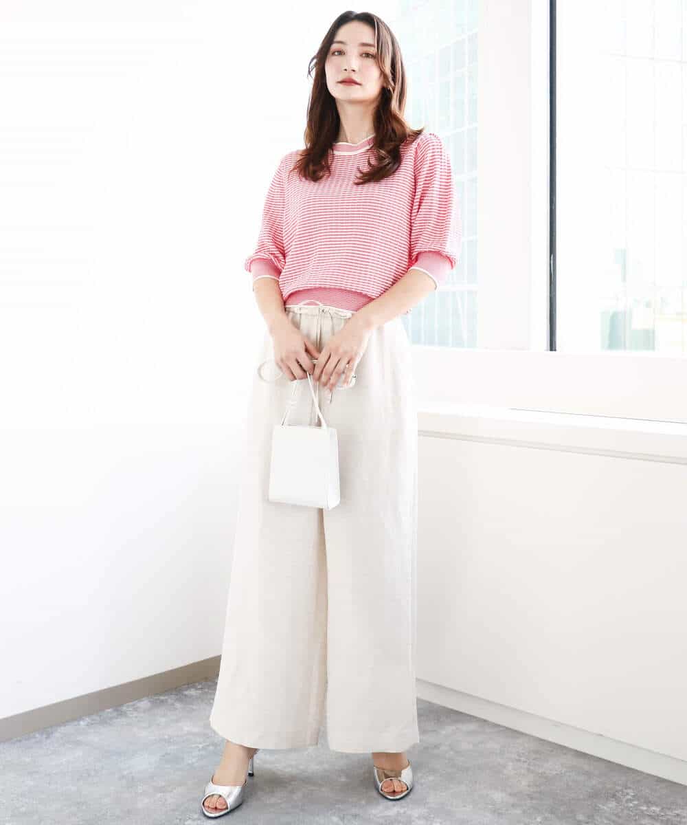 FKFGA40130 MK MICHEL KLEIN(MK ミッシェルクラン) ボーダー配色ボリュームスリーブニット/UVカット/洗える ネイビー
