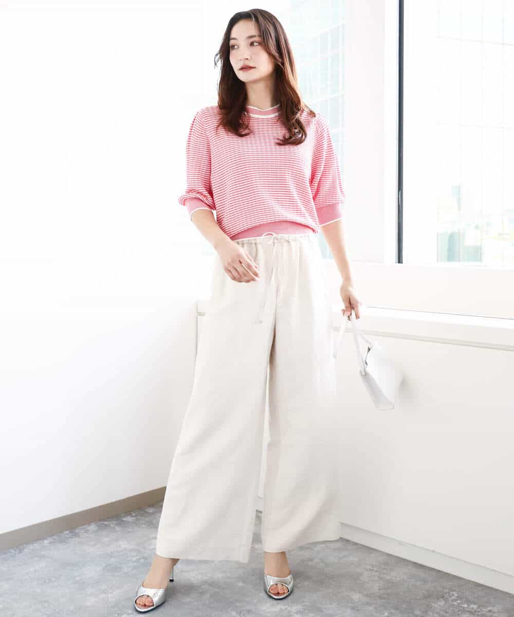 FKFGA40130 MK MICHEL KLEIN(MK ミッシェルクラン) ボーダー配色ボリュームスリーブニット/UVカット/洗える ネイビー