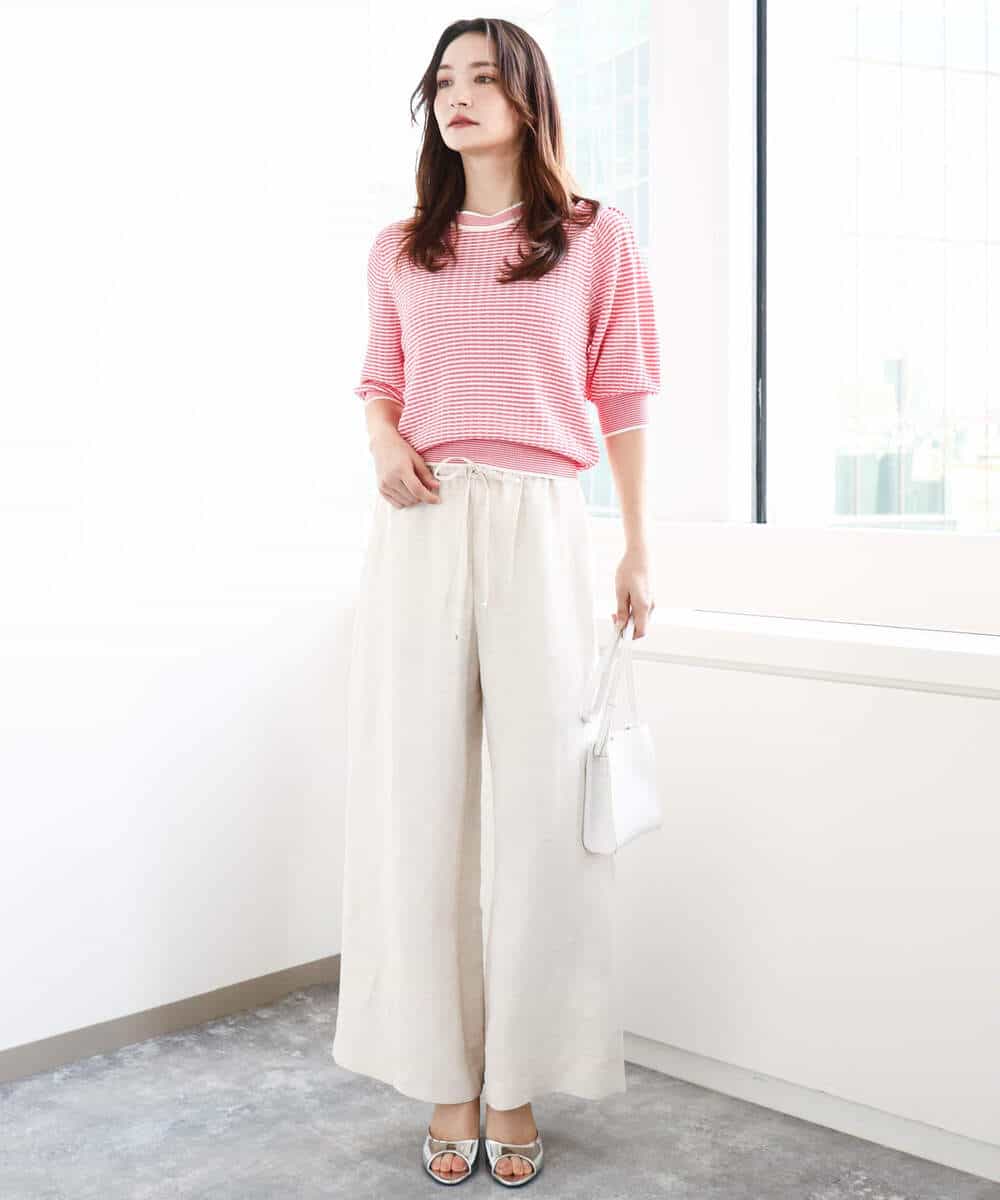 FKFGA40130 MK MICHEL KLEIN(MK ミッシェルクラン) ボーダー配色ボリュームスリーブニット/UVカット/洗える ネイビー