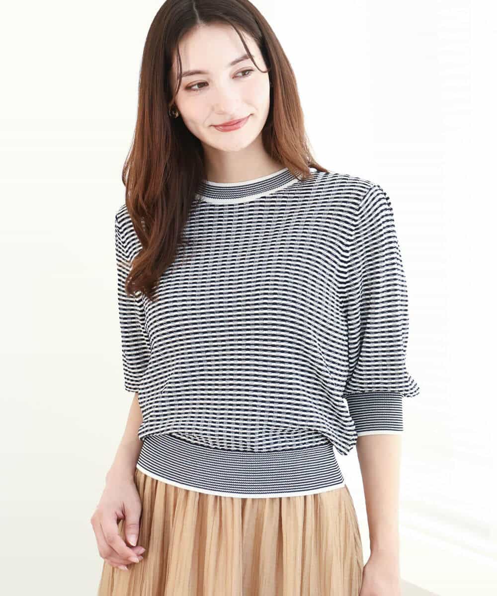 FKFGA40130 MK MICHEL KLEIN(MK ミッシェルクラン) ボーダー配色ボリュームスリーブニット/UVカット/洗える ネイビー