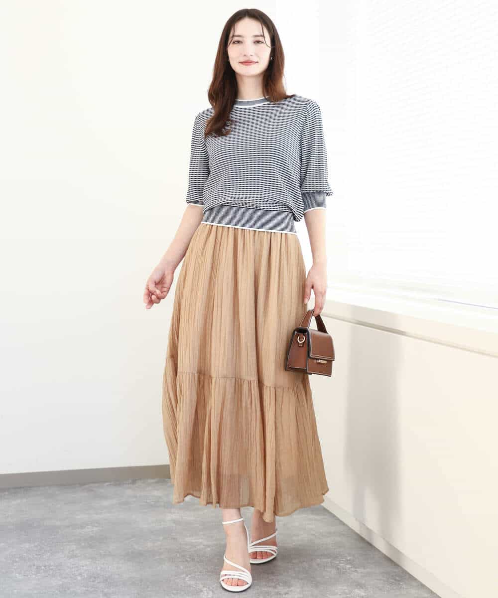 FKFGA40130 MK MICHEL KLEIN(MK ミッシェルクラン) ボーダー配色ボリュームスリーブニット/UVカット/洗える ネイビー