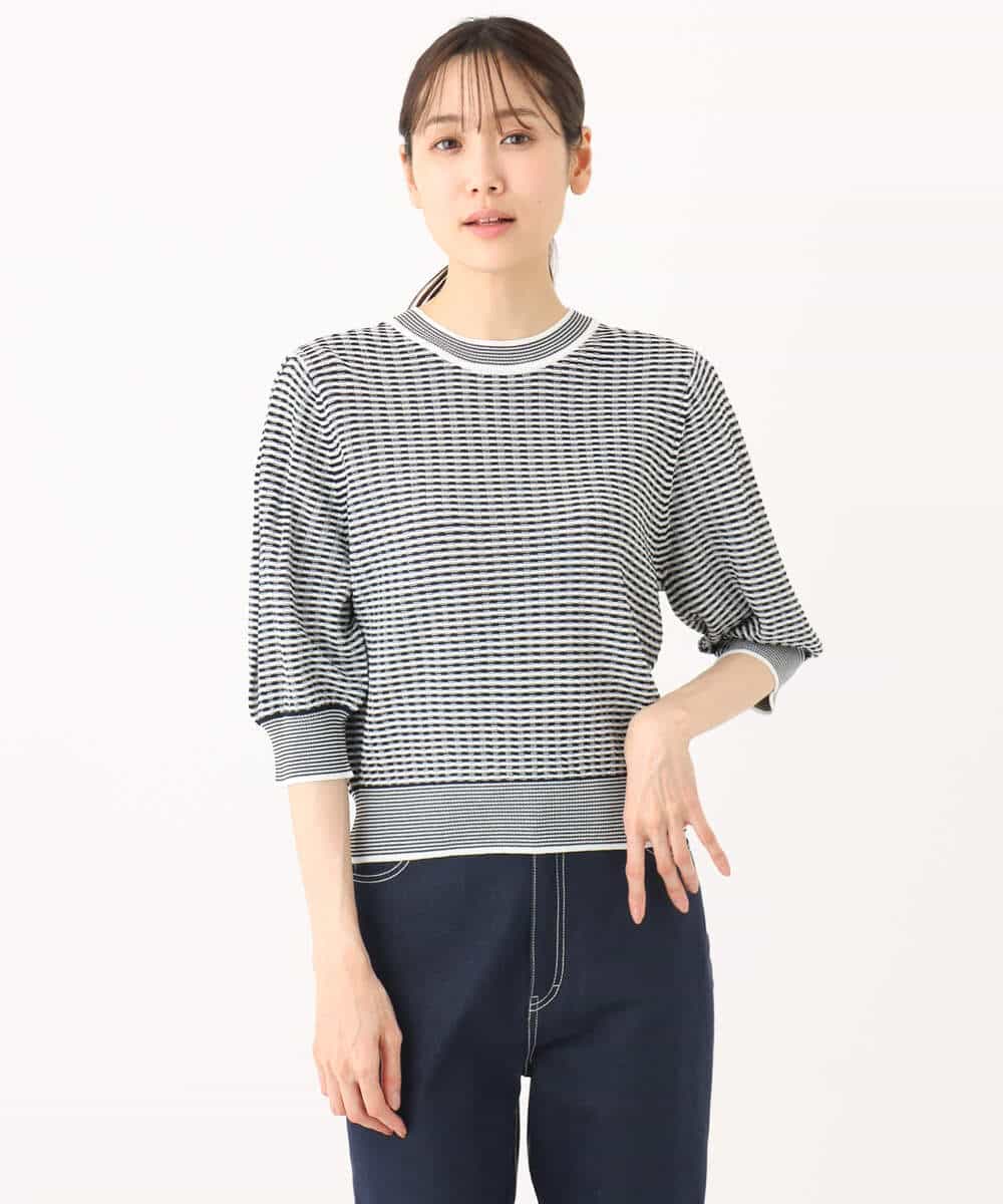 FKFGA40130 MK MICHEL KLEIN(MK ミッシェルクラン) ボーダー配色ボリュームスリーブニット/UVカット/洗える ネイビー