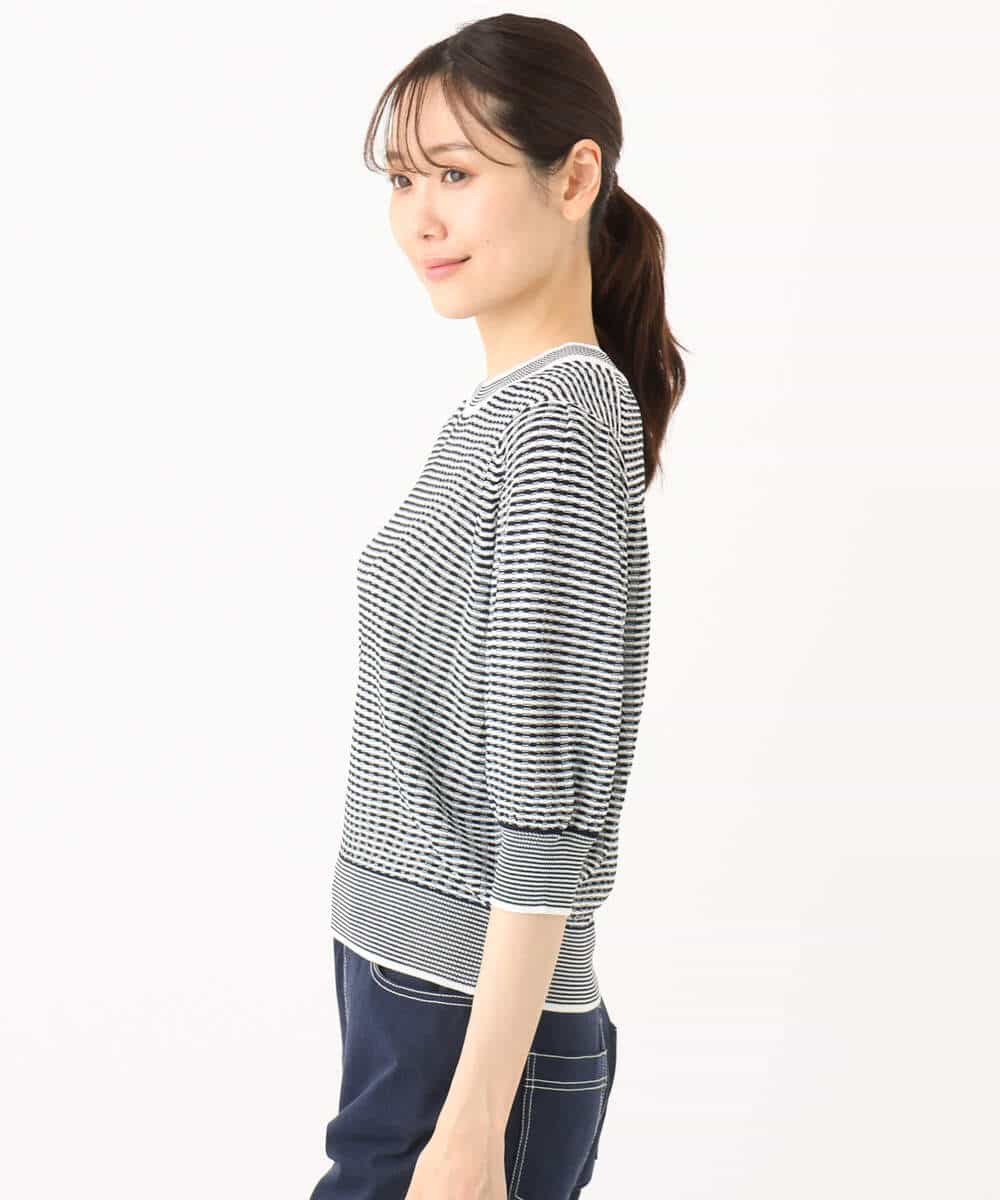 FKFGA40130 MK MICHEL KLEIN(MK ミッシェルクラン) ボーダー配色ボリュームスリーブニット/UVカット/洗える ネイビー