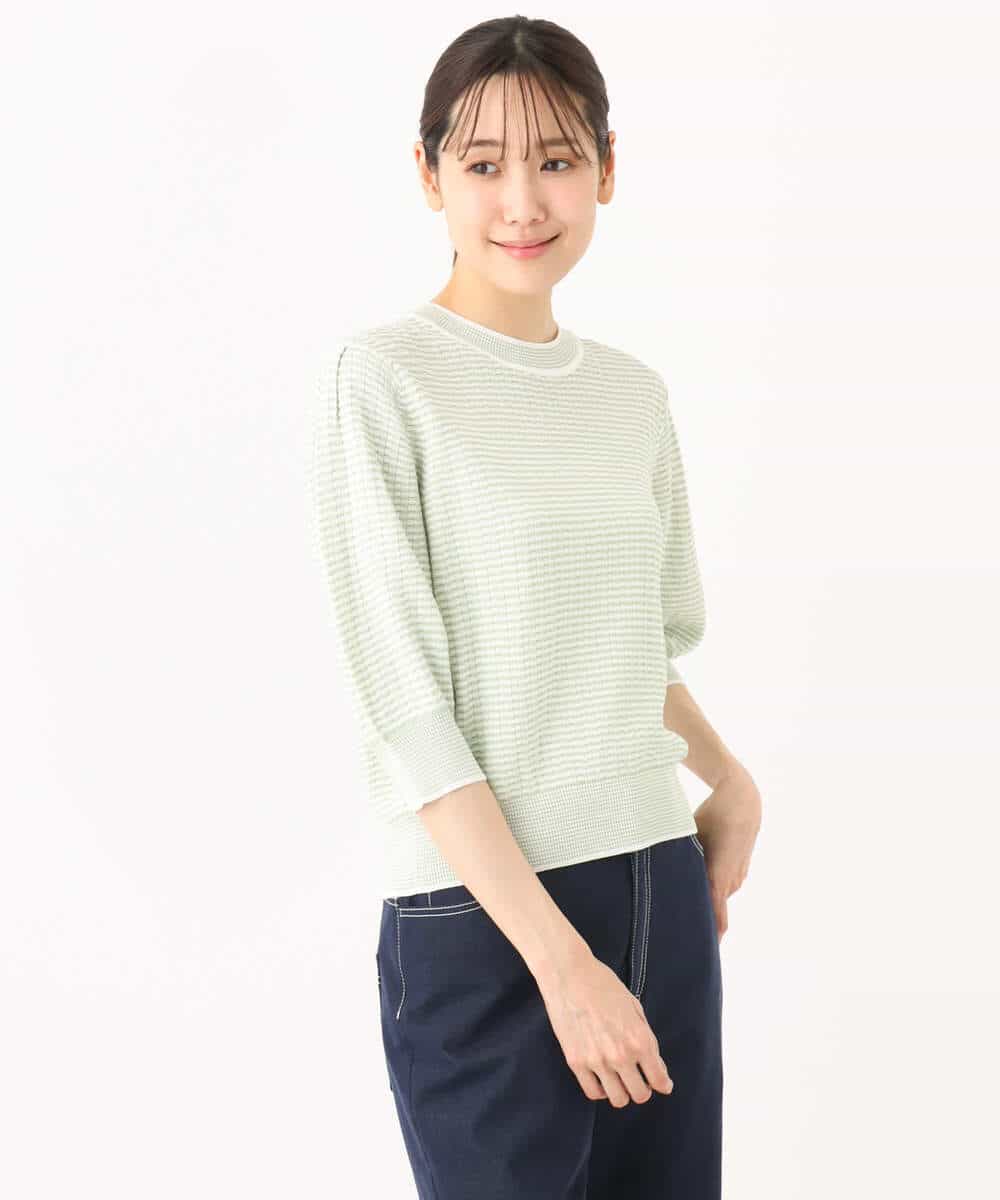 FKFGA40130 MK MICHEL KLEIN(MK ミッシェルクラン) ボーダー配色ボリュームスリーブニット/UVカット/洗える ネイビー