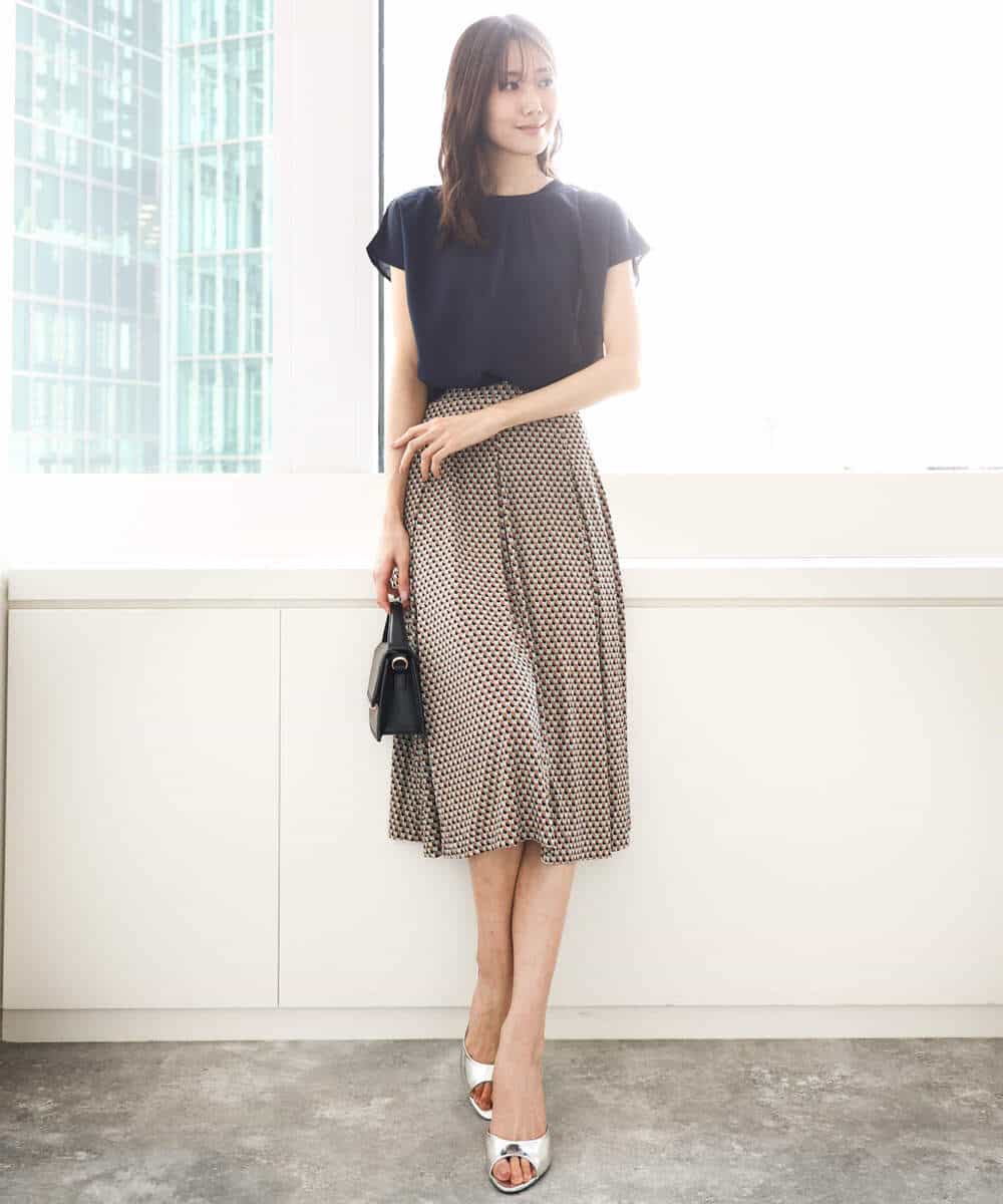FKFGA42120 MK MICHEL KLEIN(MK ミッシェルクラン) ストレッチデシンフレンチスリーブブラウス/接触冷感/UVカット/洗える ネイビー
