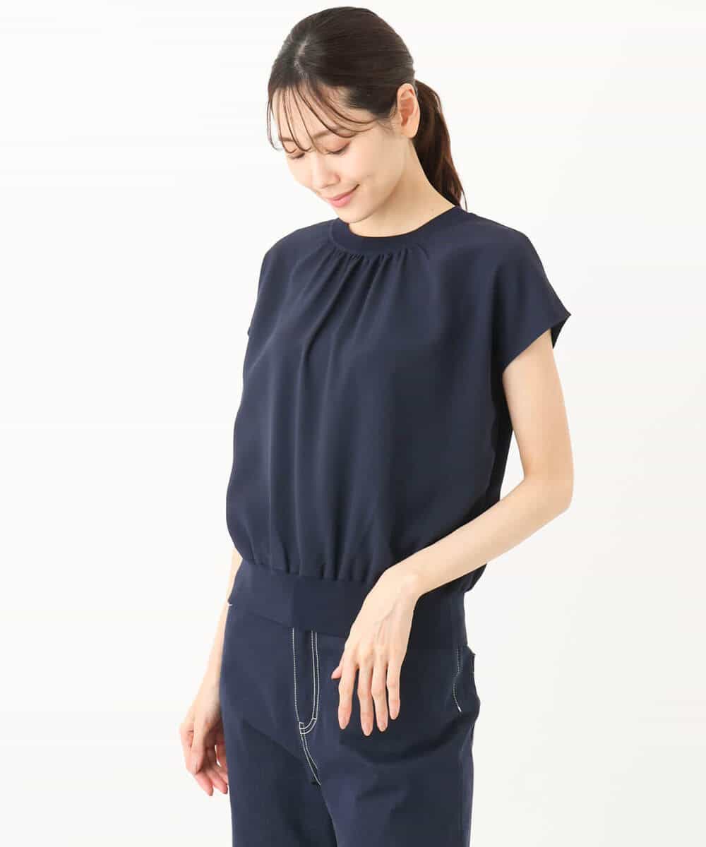 FKFGA42120 MK MICHEL KLEIN(MK ミッシェルクラン) ストレッチデシンフレンチスリーブブラウス/接触冷感/UVカット/洗える ネイビー