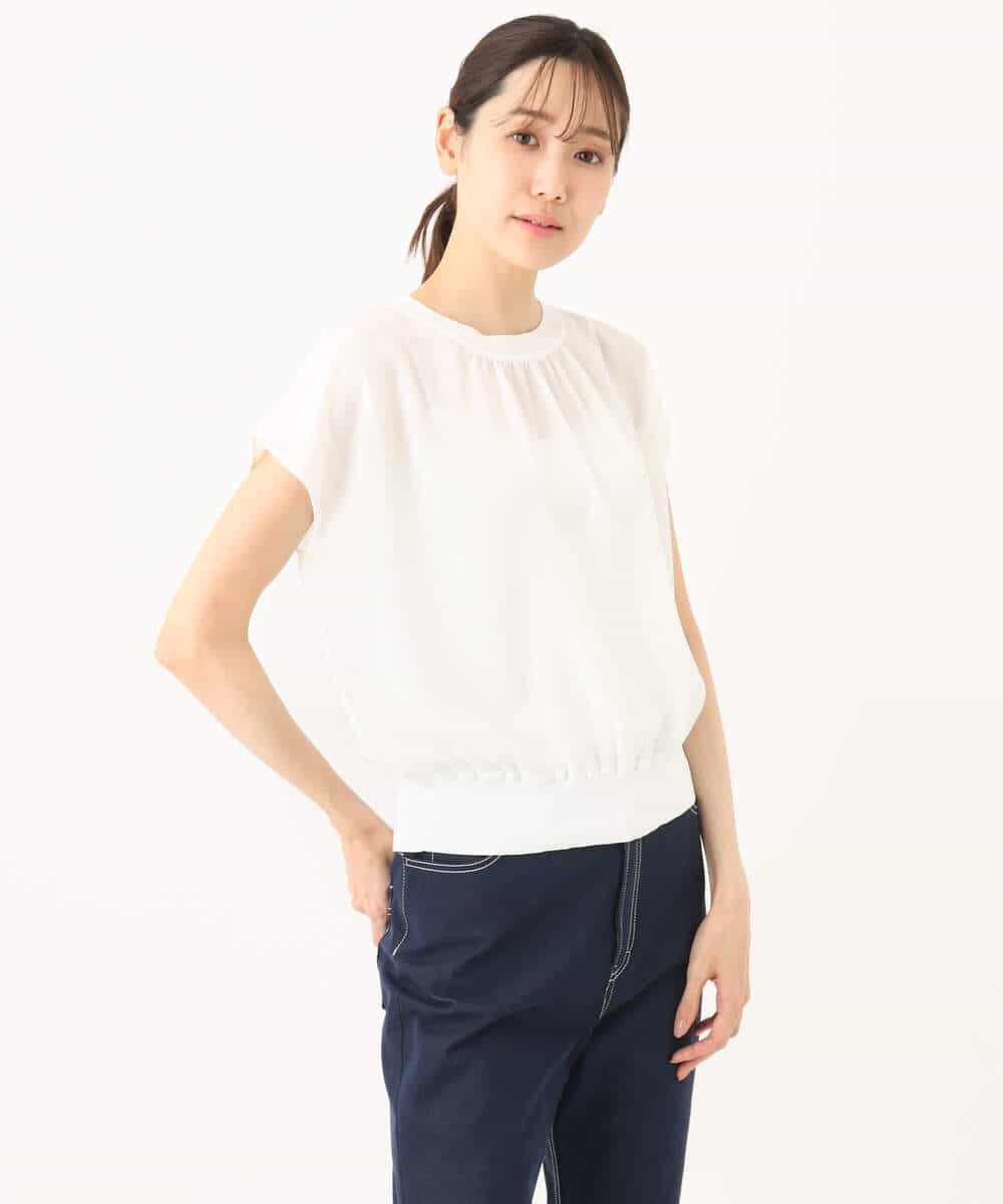 FKFGA42120 MK MICHEL KLEIN(MK ミッシェルクラン) ストレッチデシンフレンチスリーブブラウス/接触冷感/UVカット/洗える ネイビー