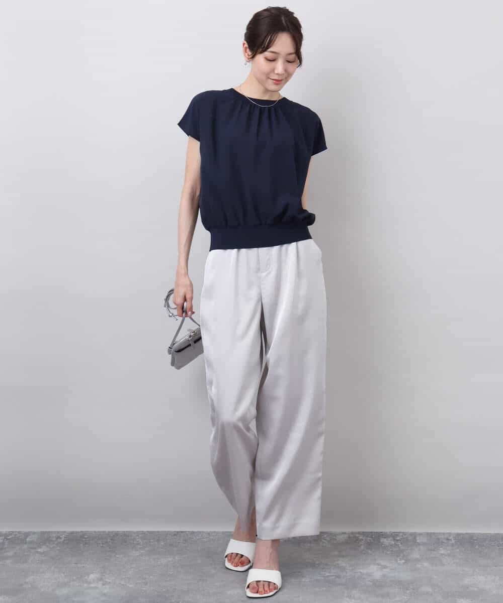 FKFGA42120 MK MICHEL KLEIN(MK ミッシェルクラン) ストレッチデシンフレンチスリーブブラウス/接触冷感/UVカット/洗える ネイビー