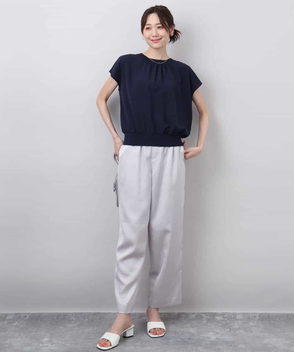 FKFGA42120 MK MICHEL KLEIN(MK ミッシェルクラン) ストレッチデシンフレンチスリーブブラウス/接触冷感/UVカット/洗える ネイビー
