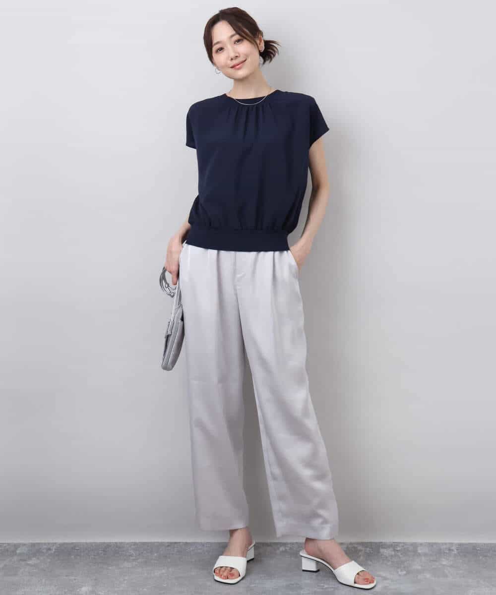 FKFGA42120 MK MICHEL KLEIN(MK ミッシェルクラン) ストレッチデシンフレンチスリーブブラウス/接触冷感/UVカット/洗える ネイビー