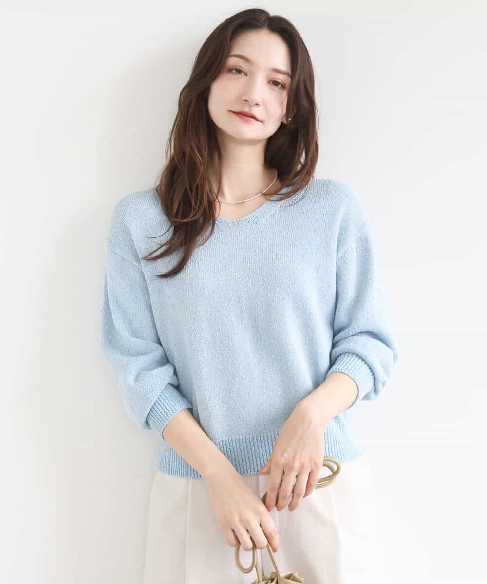 FKFGD31150 MK MICHEL KLEIN(MK ミッシェルクラン) ラメ入りノットヤーンVネックニット/洗える ライトブルー