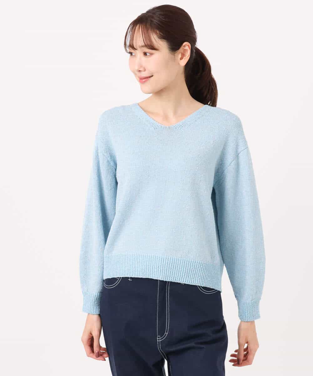 FKFGD31150 MK MICHEL KLEIN(MK ミッシェルクラン) ラメ入りノットヤーンVネックニット/洗える ライトブルー