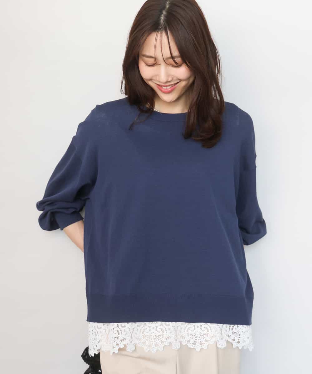 FKFGD33160 MK MICHEL KLEIN(MK ミッシェルクラン) ハイゲージニット×裾レースタンクトップセット/洗える ネイビー