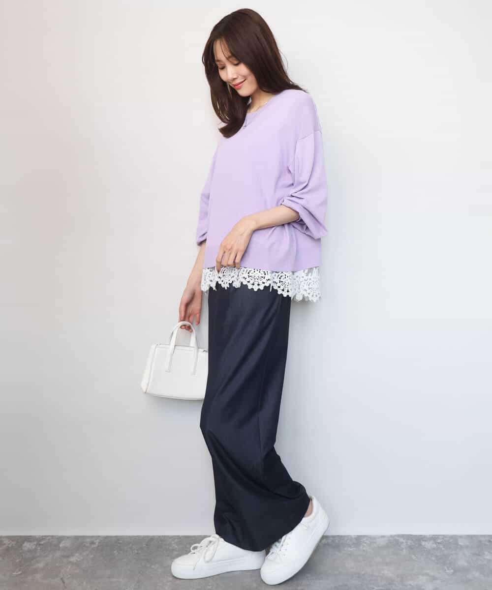 FKFGD33160 MK MICHEL KLEIN(MK ミッシェルクラン) ハイゲージニット×裾レースタンクトップセット/洗える ラベンダー