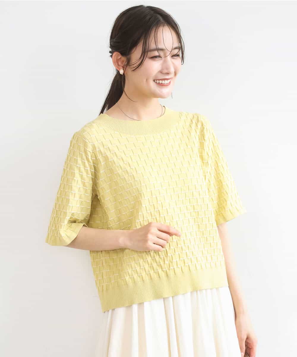 FKFGD41130 MK MICHEL KLEIN(MK ミッシェルクラン) ブロック調クロップド丈ニット/UVカット/洗える イエロー