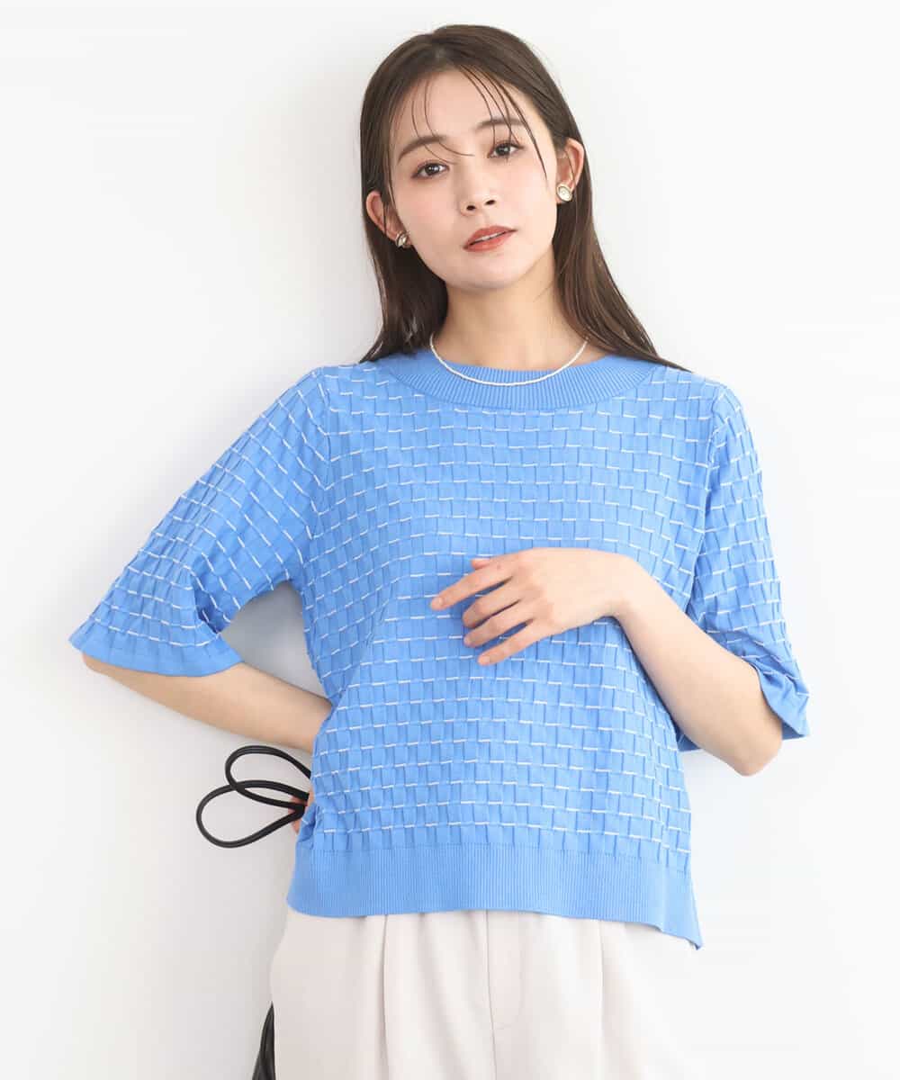 FKFGD41130 MK MICHEL KLEIN(MK ミッシェルクラン) ブロック調クロップド丈ニット/UVカット/洗える ブルー