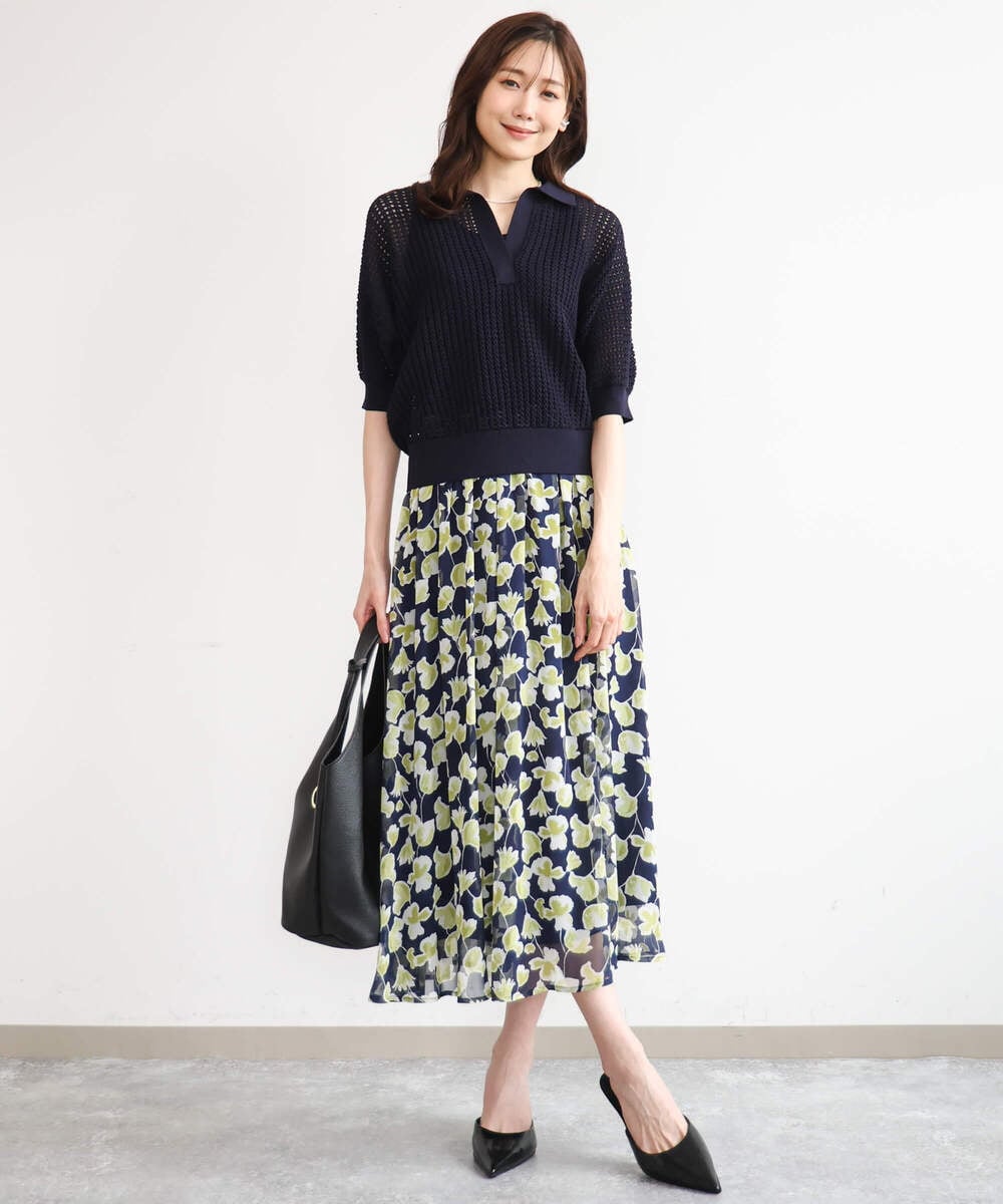 FKFGD42150 MK MICHEL KLEIN(MK ミッシェルクラン) [洗える]レーシー柄編み衿付きニット グリーン