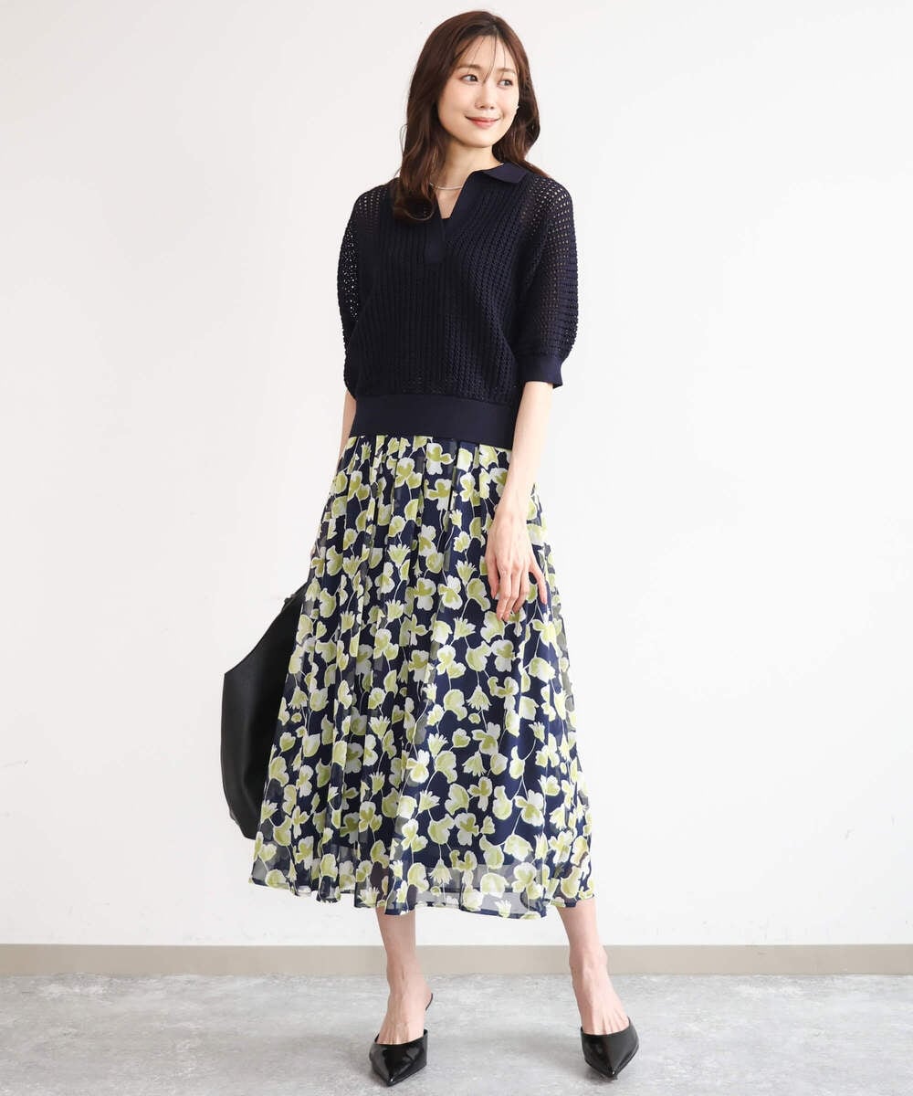 FKFGD42150 MK MICHEL KLEIN(MK ミッシェルクラン) [洗える]レーシー柄編み衿付きニット グリーン