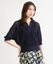 FKFGD42150 MK MICHEL KLEIN(MK ミッシェルクラン) [洗える]レーシー柄編み衿付きニット ネイビー