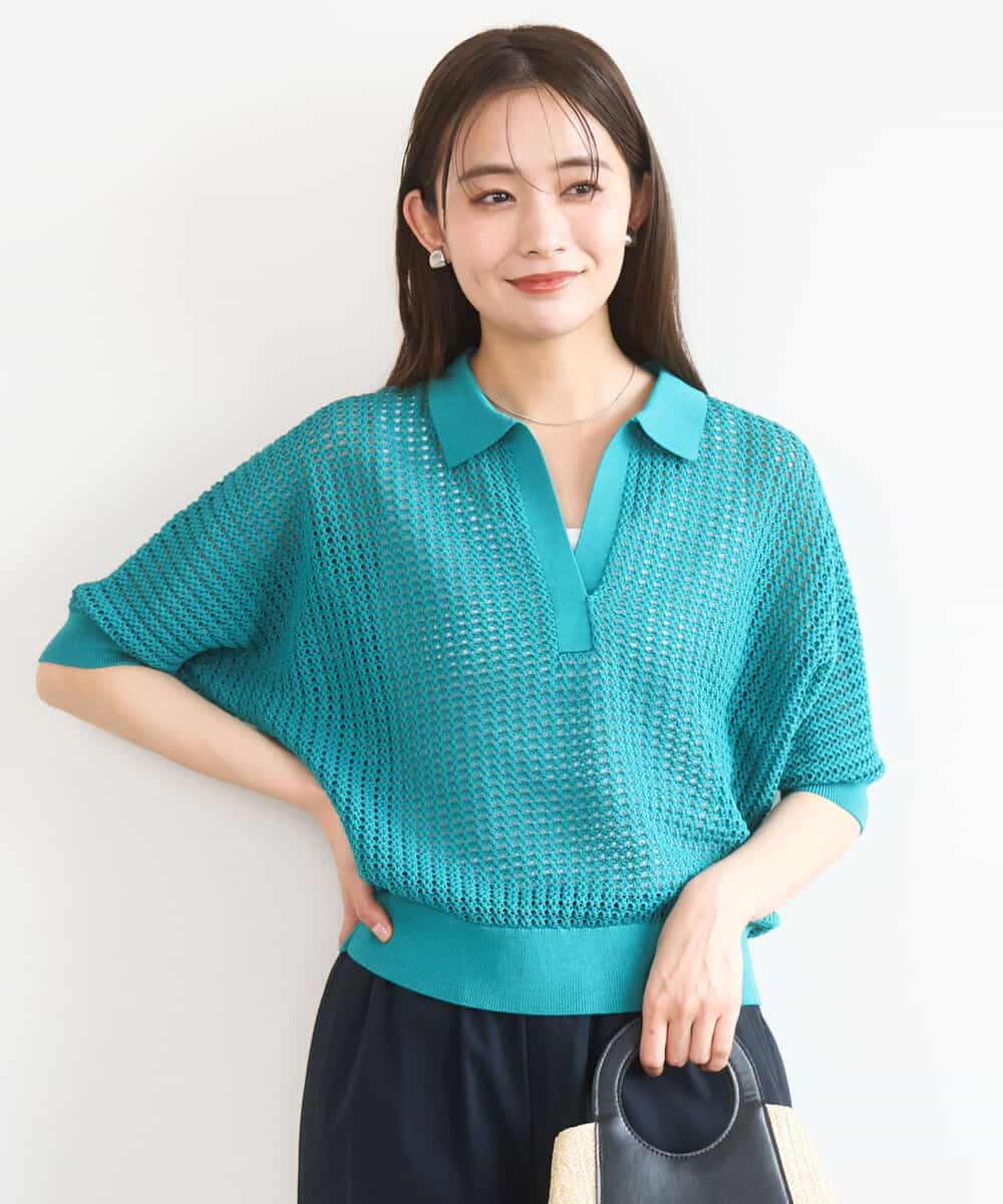 FKFGD42150 MK MICHEL KLEIN(MK ミッシェルクラン) レーシー柄編み衿付きニット/洗える グリーン