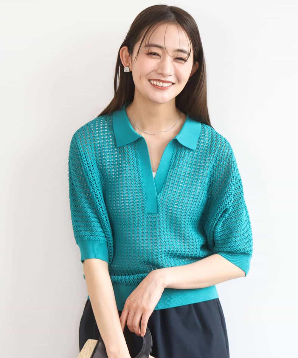 FKFGD42150 MK MICHEL KLEIN(MK ミッシェルクラン) レーシー柄編み衿付きニット/洗える グリーン