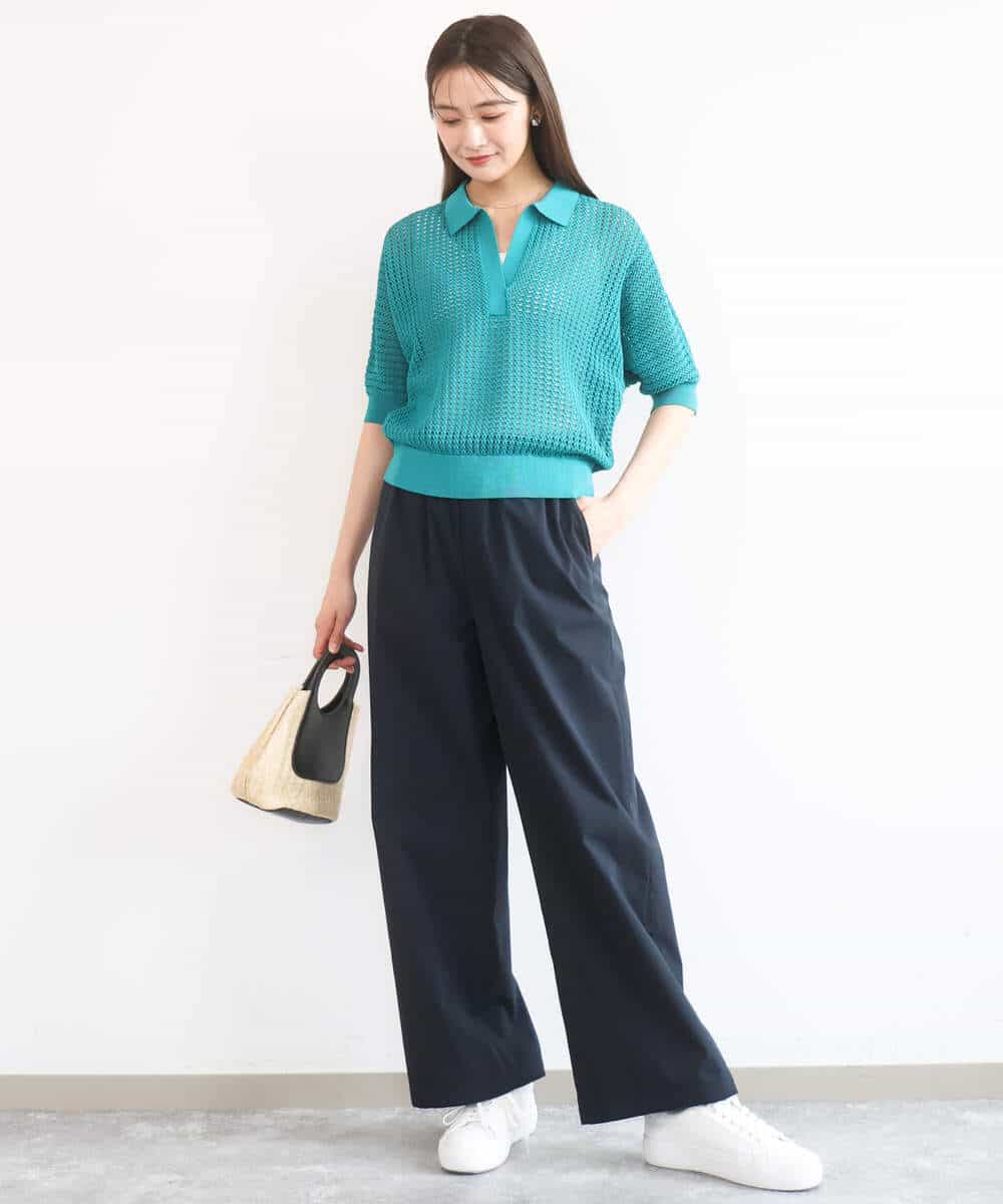 FKFGD42150 MK MICHEL KLEIN(MK ミッシェルクラン) レーシー柄編み衿付きニット/洗える グリーン