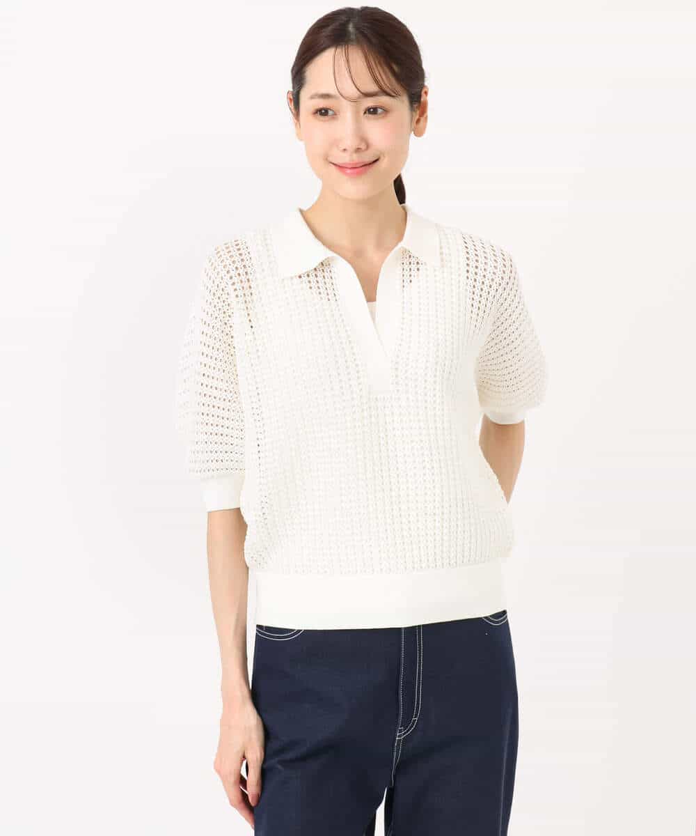 FKFGD42150 MK MICHEL KLEIN(MK ミッシェルクラン) レーシー柄編み衿付きニット/洗える グリーン