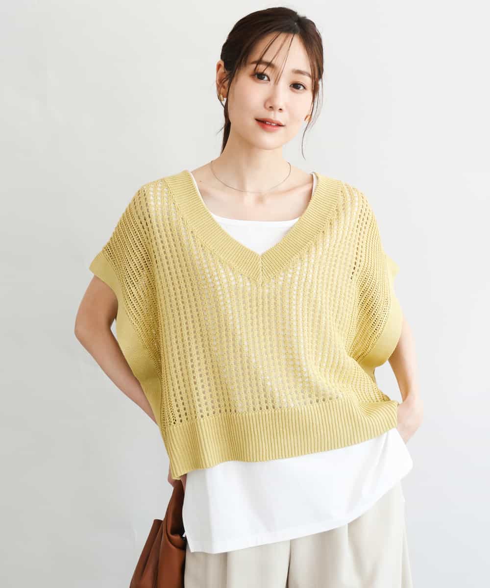 FKFGD50160 MK MICHEL KLEIN(MK ミッシェルクラン) [洗える]メッシュ編みニットベスト×タンクトップ ツインセット イエロー