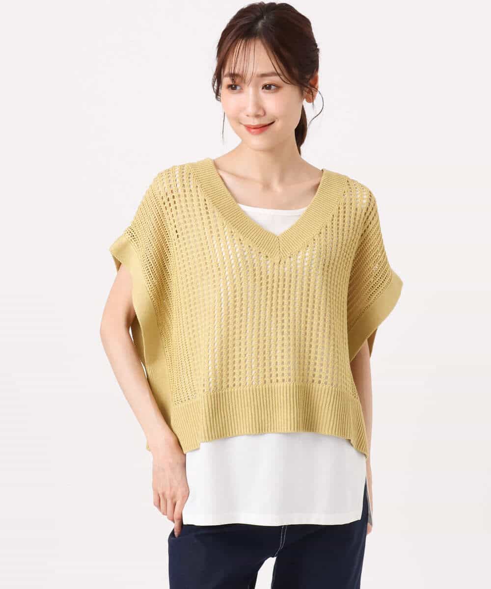 FKFGD50160 MK MICHEL KLEIN(MK ミッシェルクラン) [洗える]メッシュ編みニットベスト×タンクトップ ツインセット イエロー