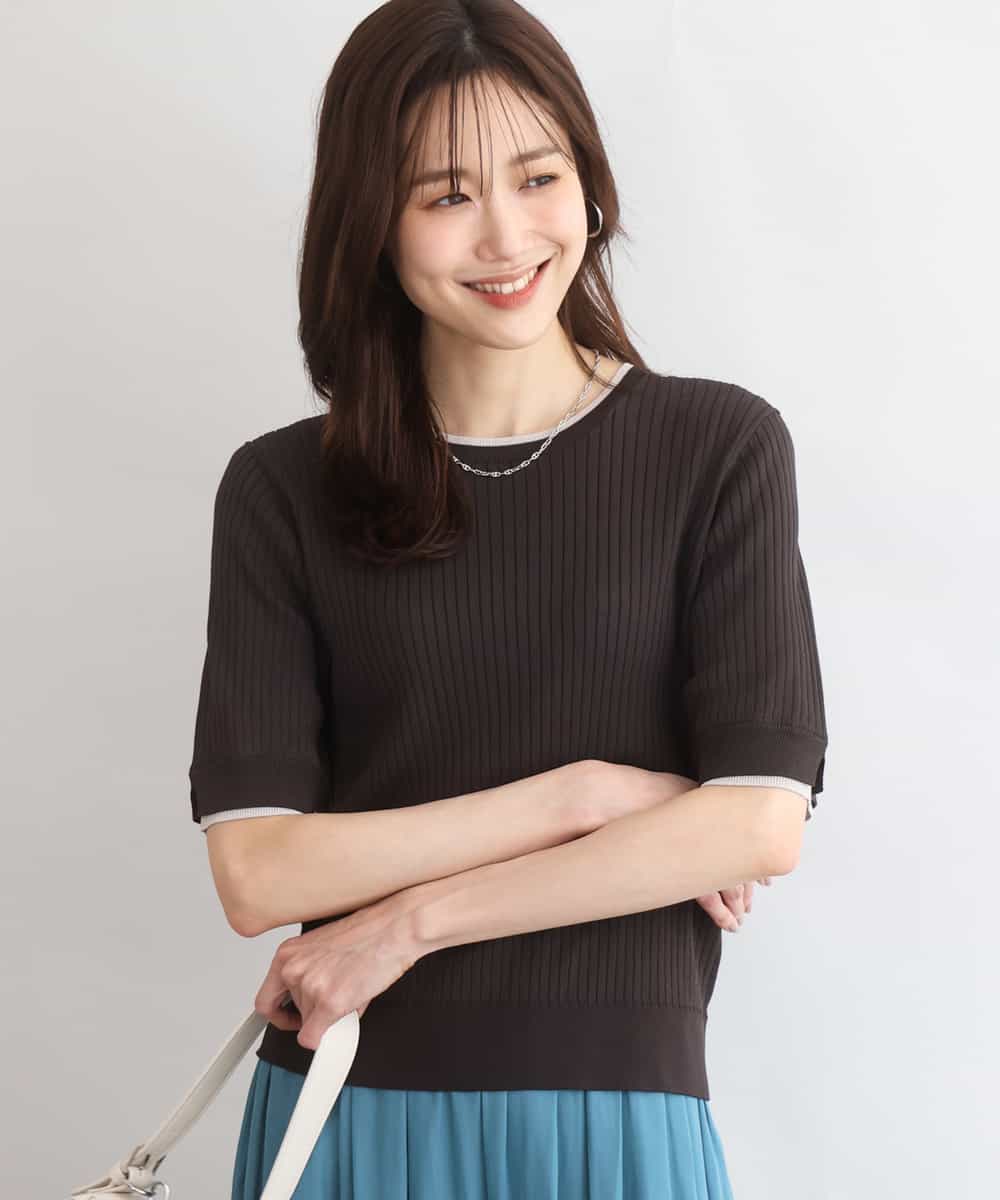 FKFGD53120 MK MICHEL KLEIN(MK ミッシェルクラン) [UVカット/洗える]ワイドリブ配色デザインニット ブラウン