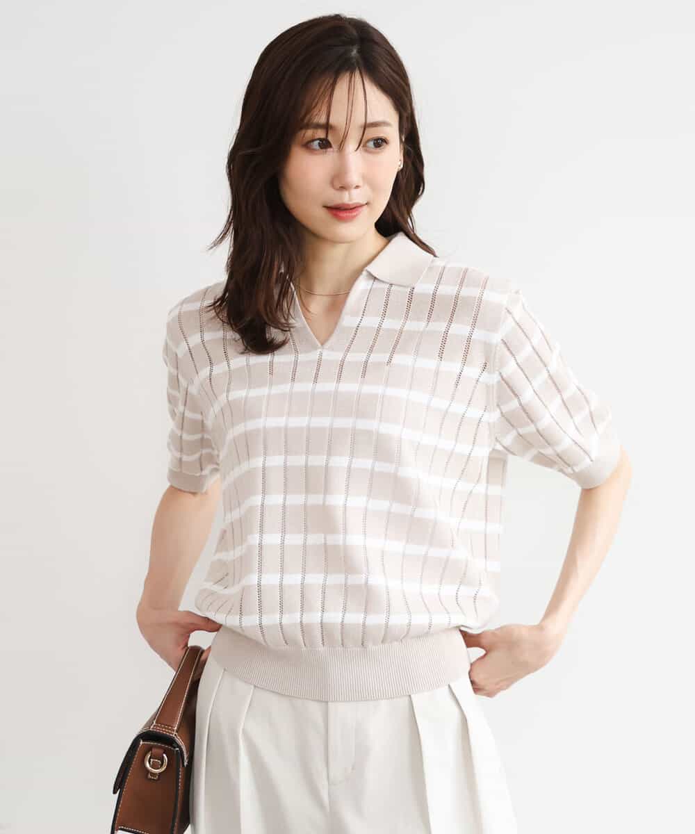 FKFGD54140 MK MICHEL KLEIN(MK ミッシェルクラン) [洗える]衿付きスキッパーデザインニット ベージュ（ボーダー）