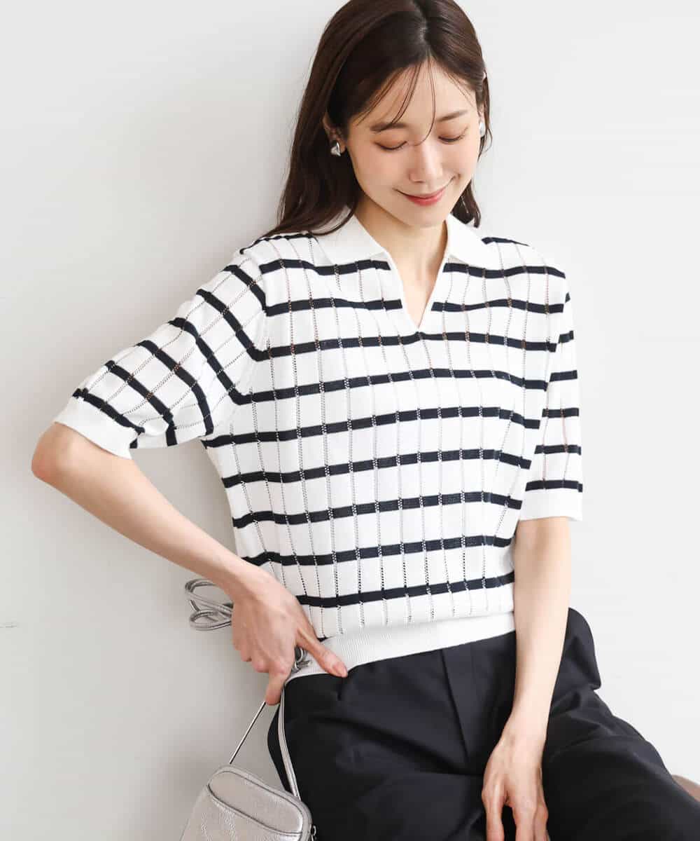 FKFGD54140 MK MICHEL KLEIN(MK ミッシェルクラン) [洗える]衿付きスキッパーデザインニット ベージュ（ボーダー）