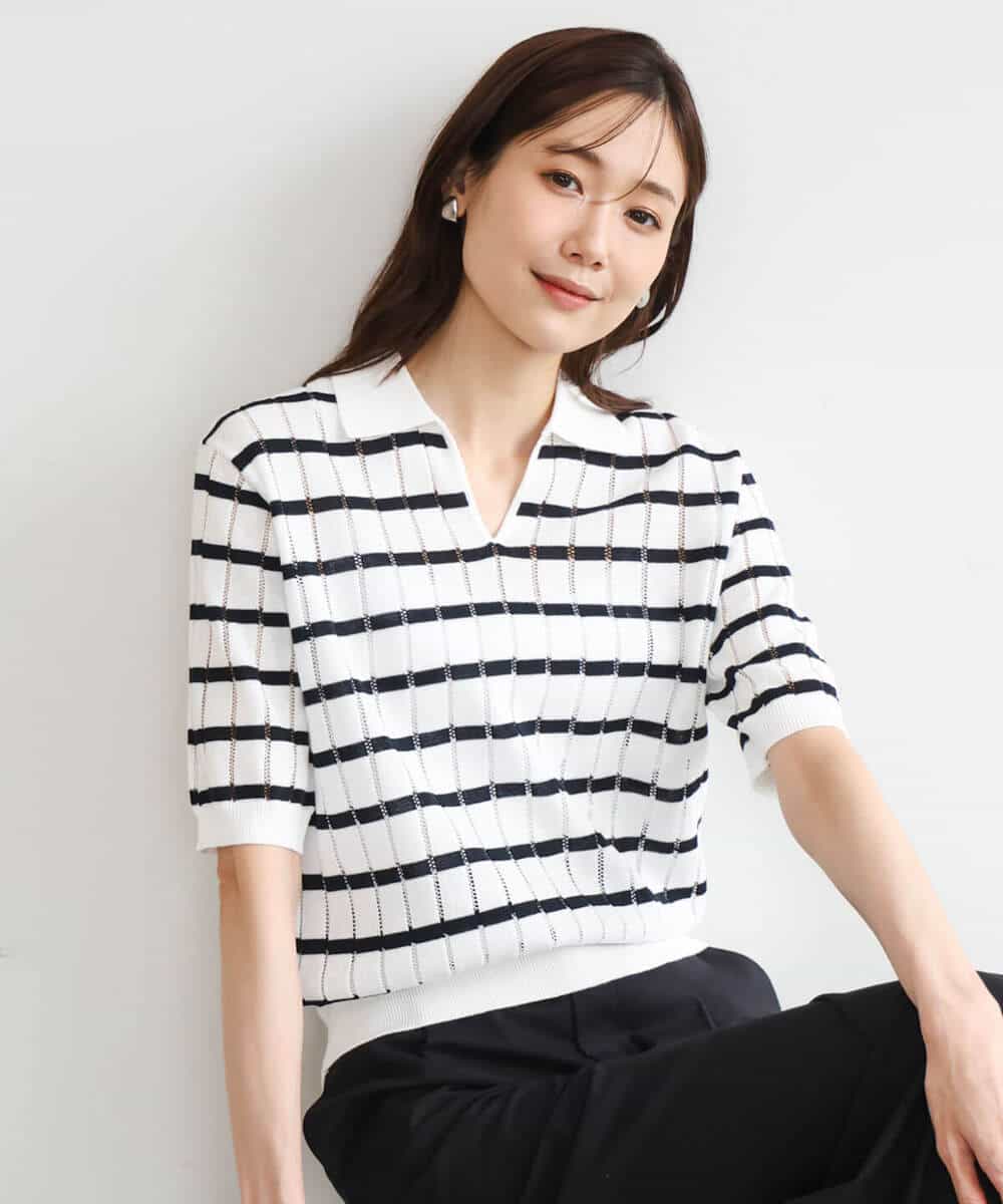 FKFGD54140 MK MICHEL KLEIN(MK ミッシェルクラン) [洗える]衿付きスキッパーデザインニット ベージュ（ボーダー）