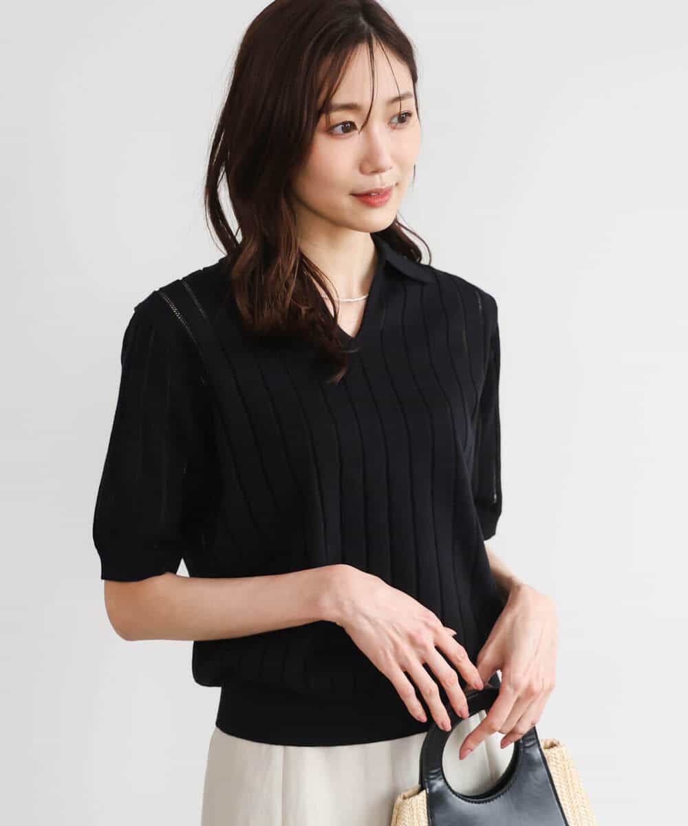 FKFGD54140 MK MICHEL KLEIN(MK ミッシェルクラン) [洗える]衿付きスキッパーデザインニット ベージュ（ボーダー）