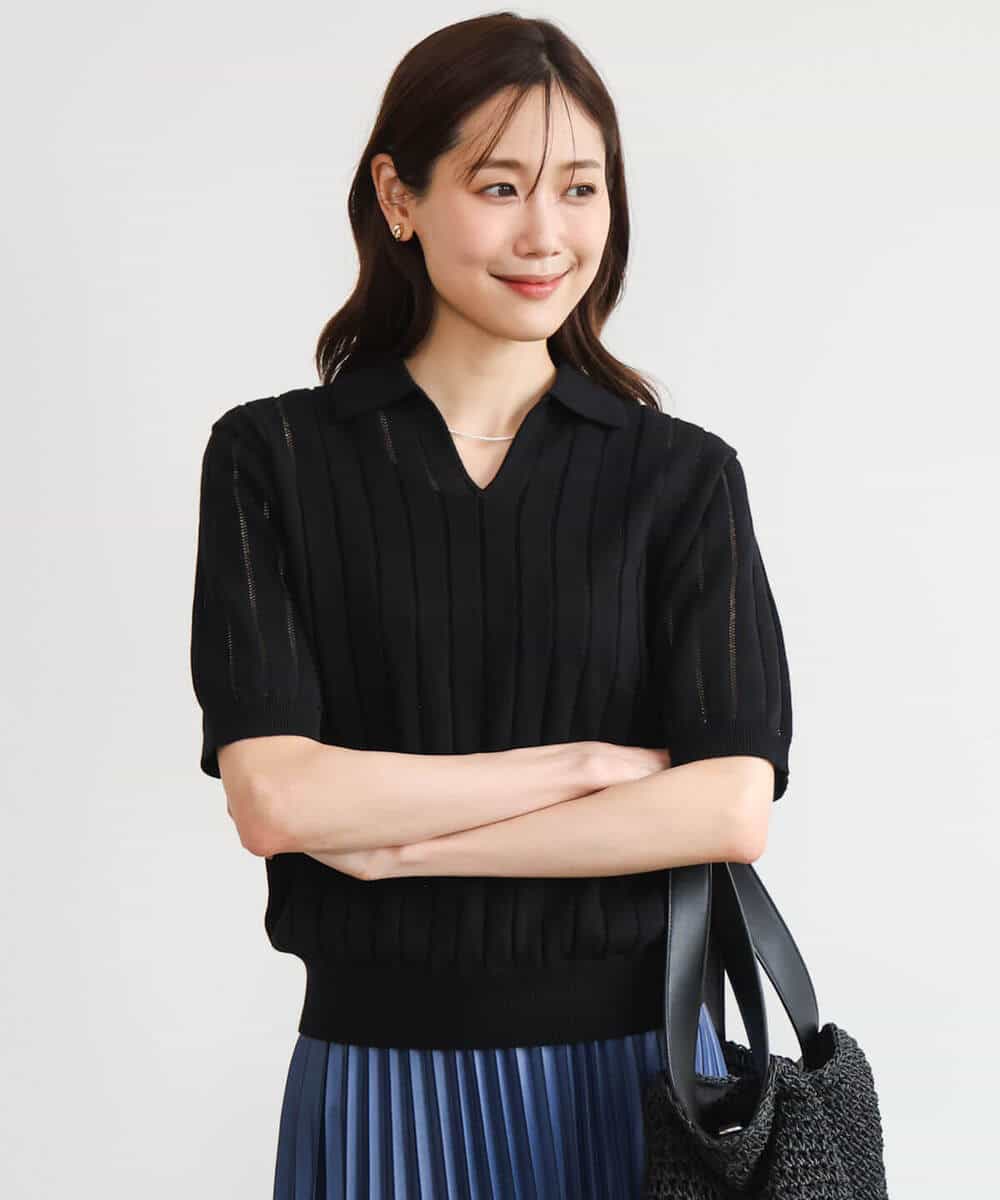 FKFGD54140 MK MICHEL KLEIN(MK ミッシェルクラン) [洗える]衿付きスキッパーデザインニット ベージュ（ボーダー）