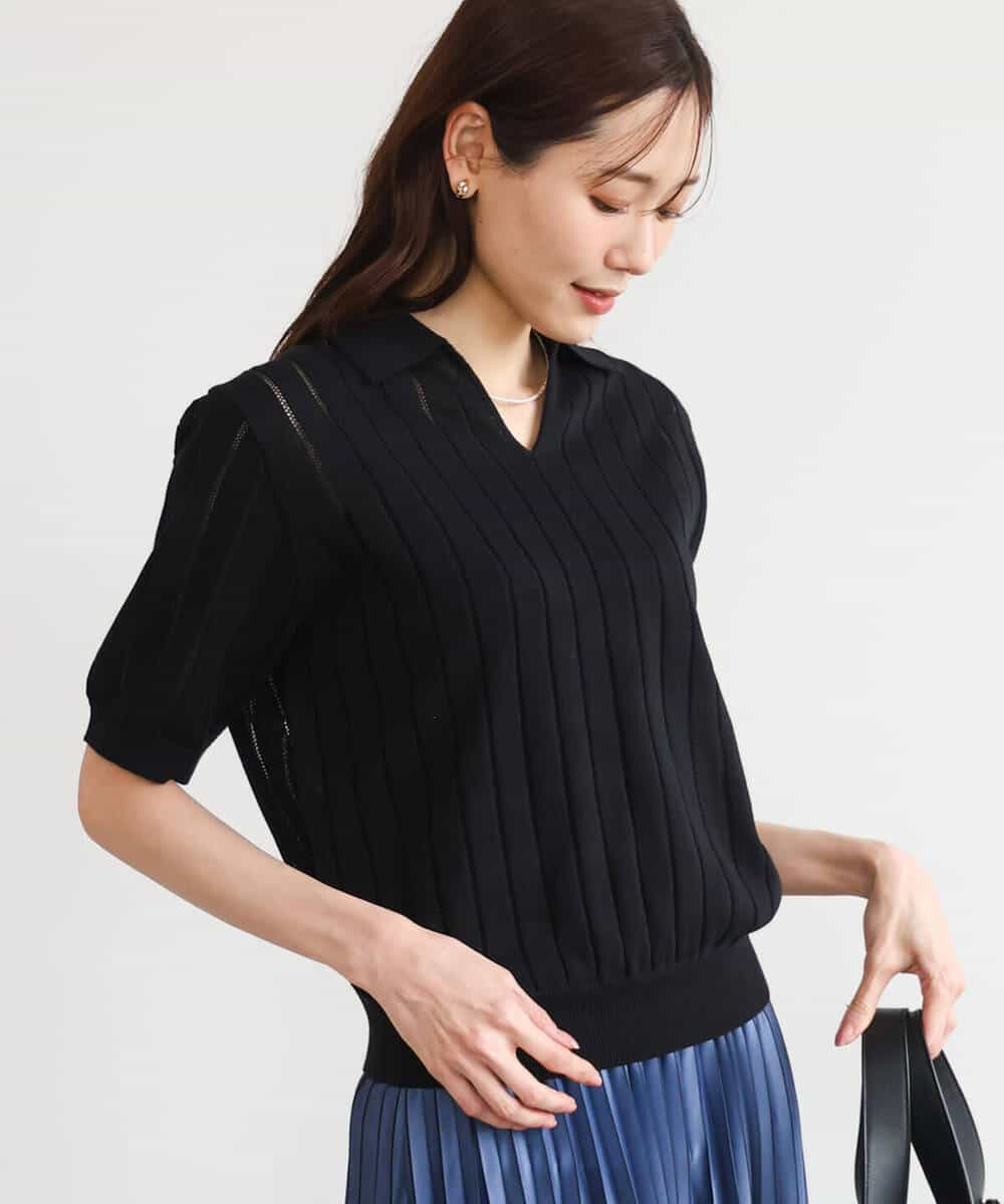 FKFGD54140 MK MICHEL KLEIN(MK ミッシェルクラン) [洗える]衿付きスキッパーデザインニット ベージュ（ボーダー）