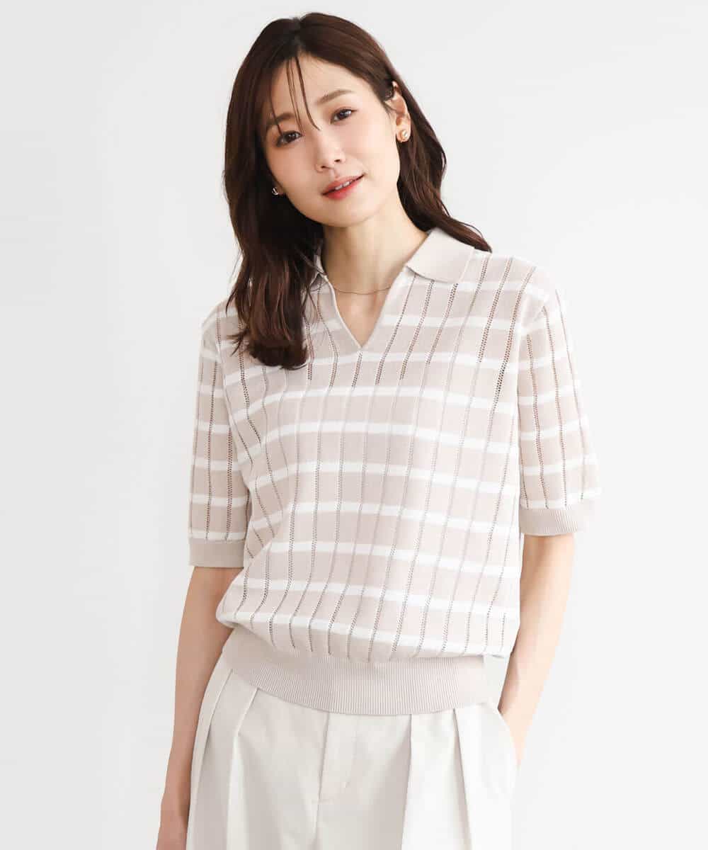 FKFGD54140 MK MICHEL KLEIN(MK ミッシェルクラン) [洗える]衿付きスキッパーデザインニット ベージュ（ボーダー）